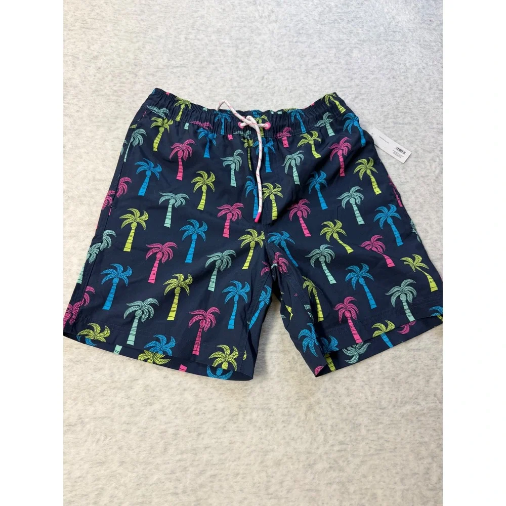 Mens Resort Swim Trunk Navy‎ Blue Neon Palm Tree Print Elastic Waist NWT Small